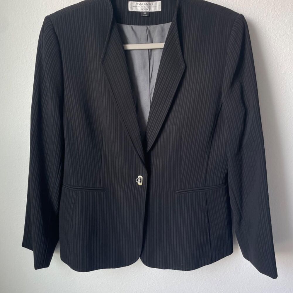Vintage Tahari Pinstripe Mandarin Neck Single Button Blazer Jacket 10P